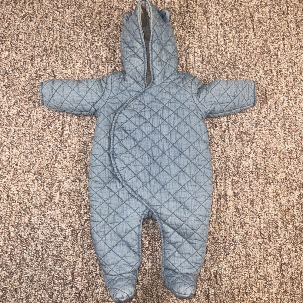 Baby Gap Qulited Chambray Bear Light Blue One-Piece Warm Winter Outfit 3-6 Month